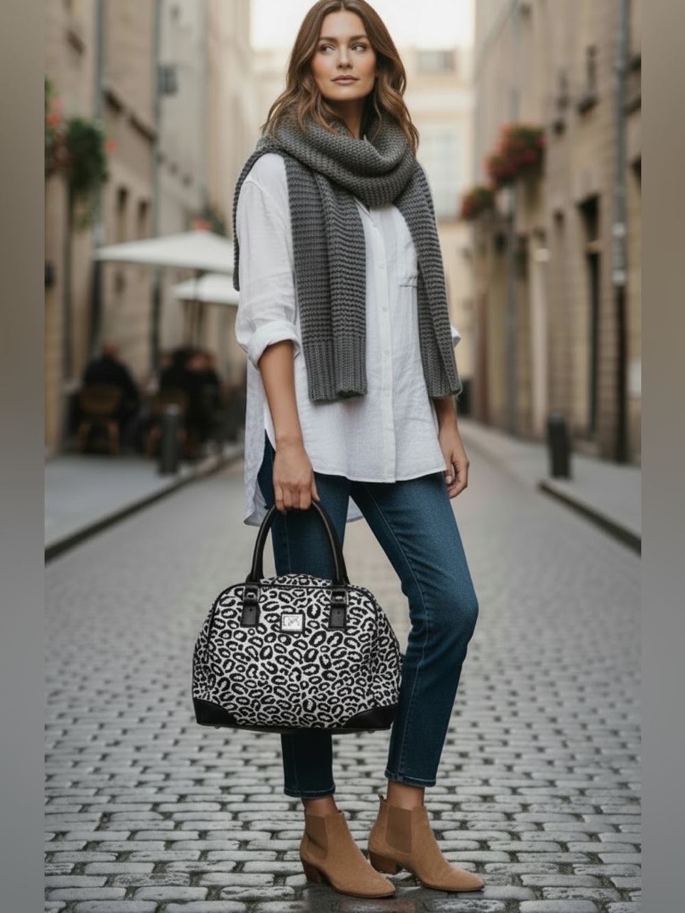 DVF Studio Grey Black Leopard Satchel Weekender Travel Tote Bag